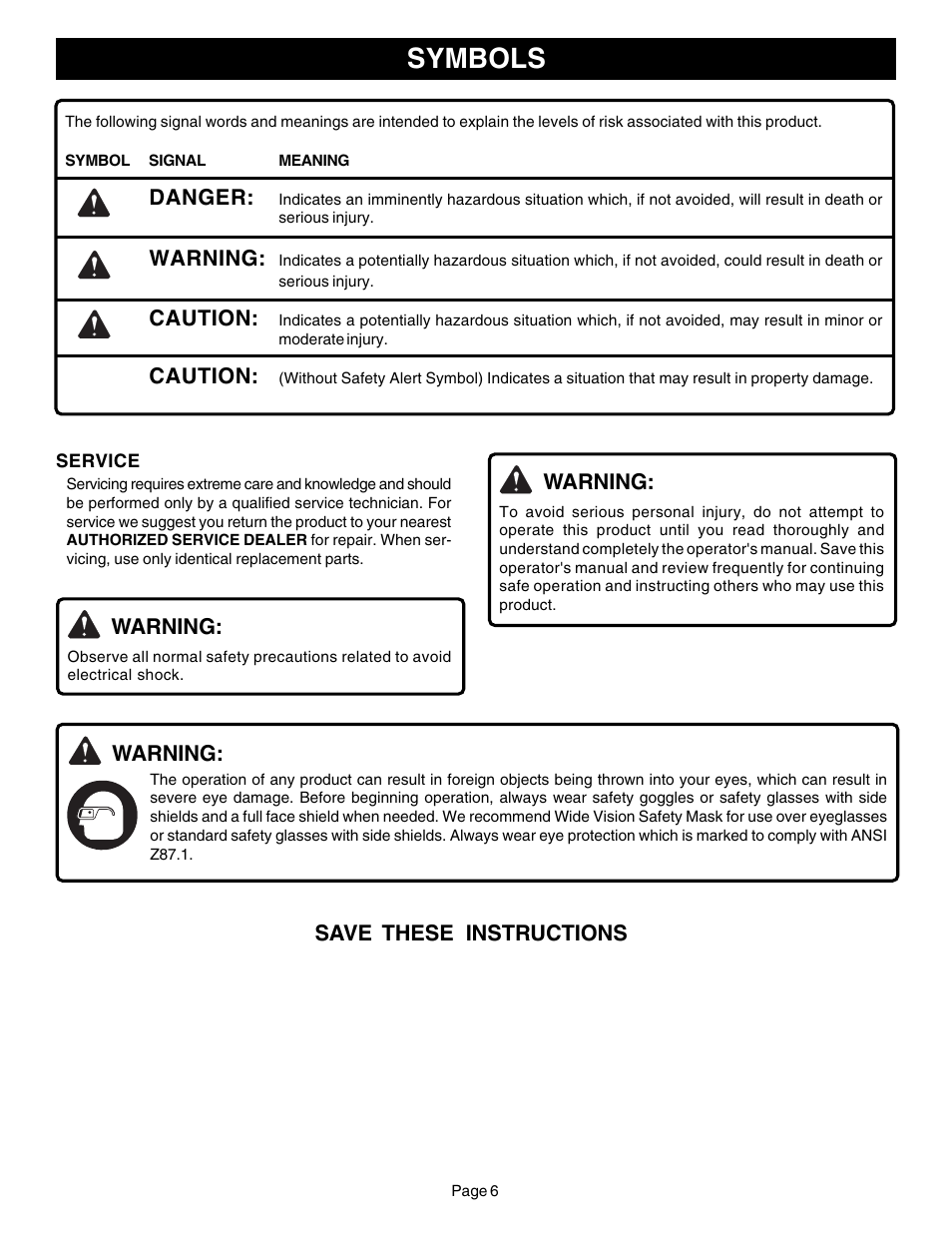 Symbols | Ryobi CS30 ZR30000 User Manual | Page 6 / 28