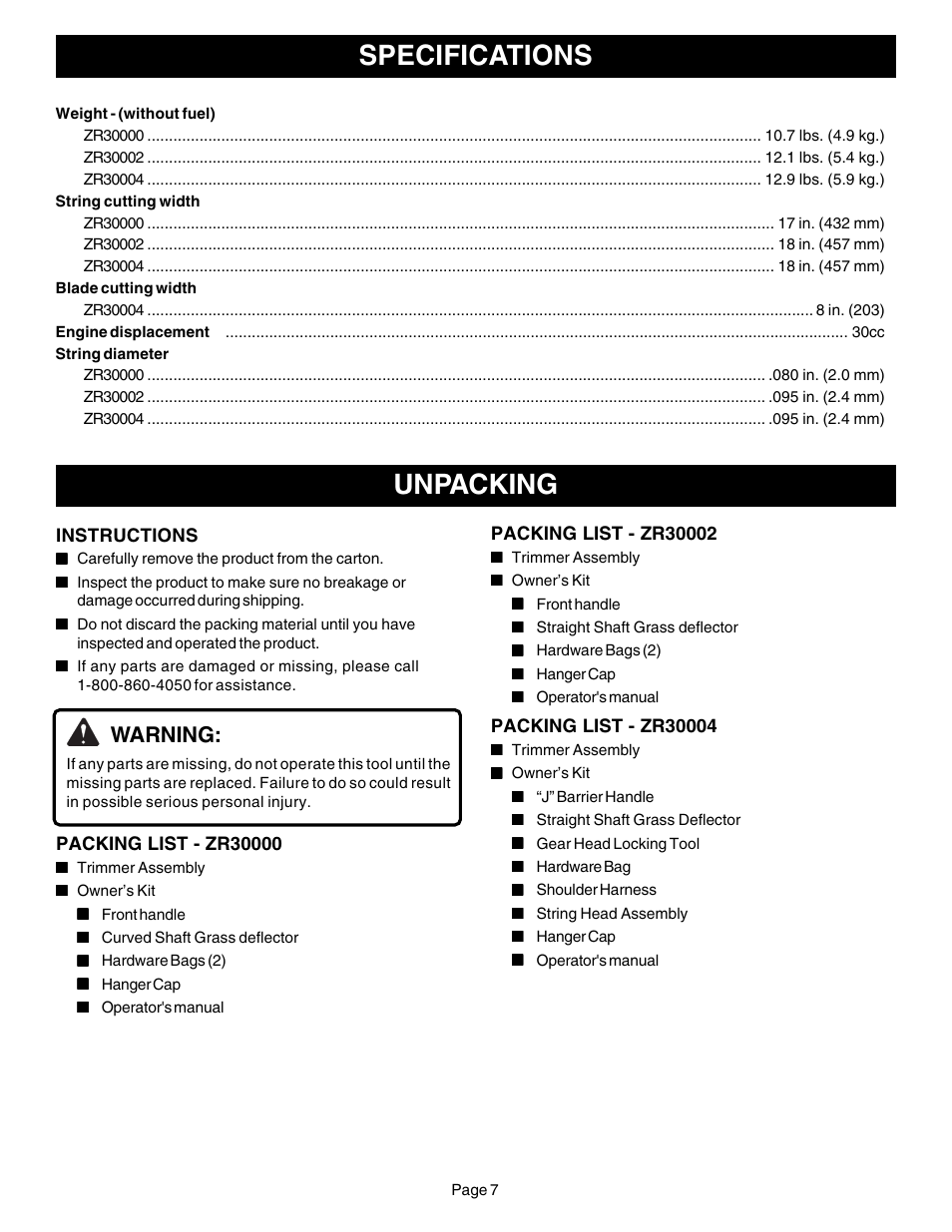 Unpacking, Specifications, Warning | Ryobi CS30 ZR30000 User Manual | Page 7 / 28