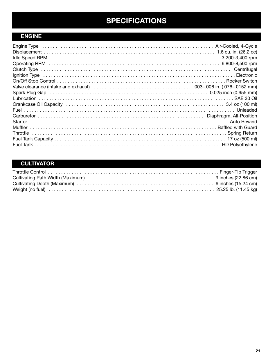 Specifications | Ryobi 510r User Manual | Page 21 / 24