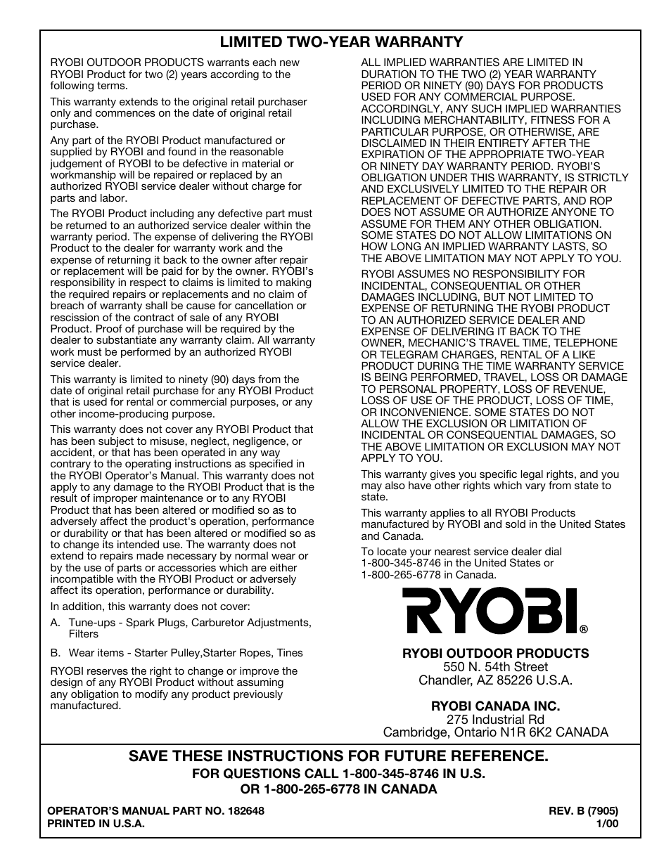 Save these instructions for future reference, Limited two-year warranty | Ryobi 510r User Manual | Page 24 / 24