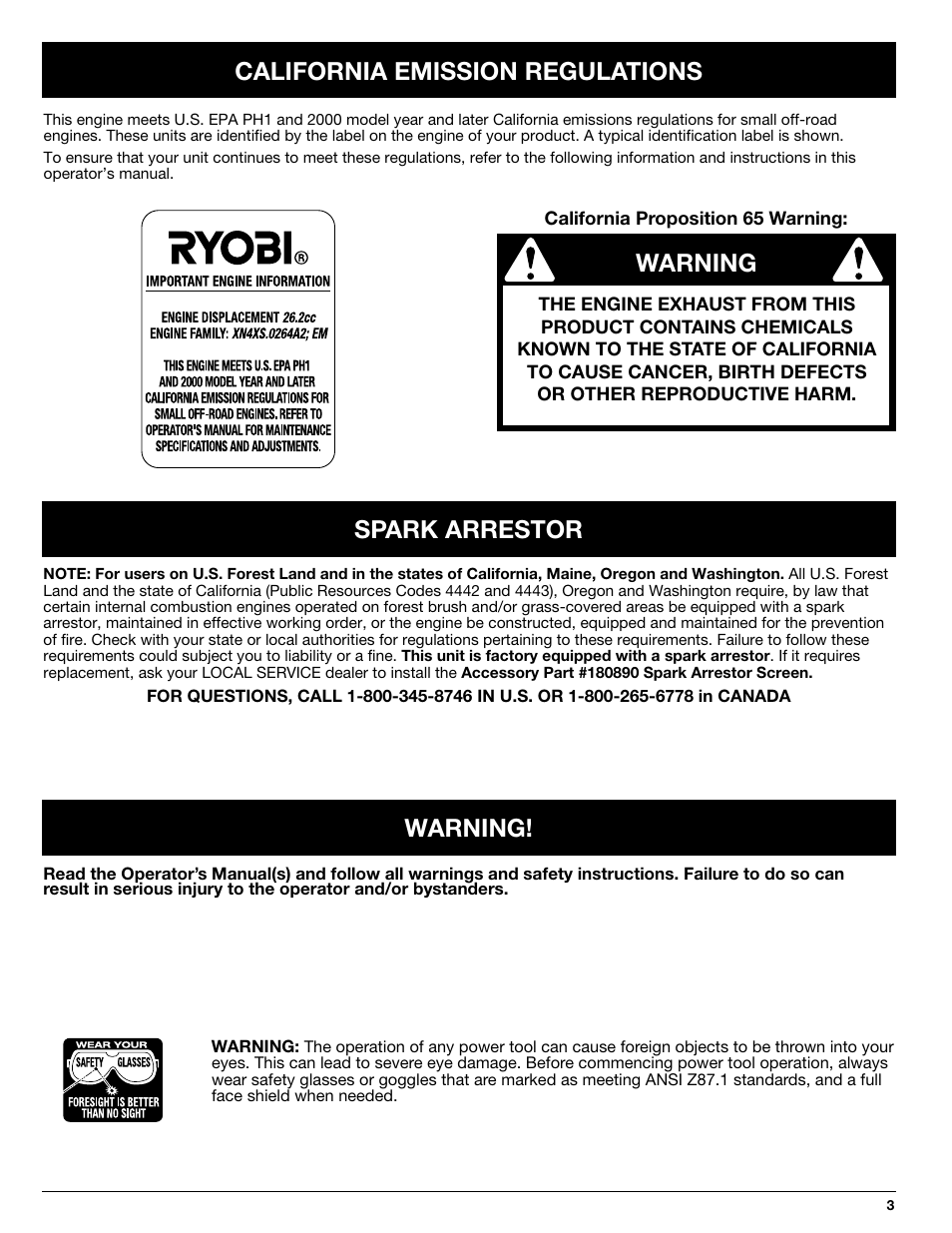 California emission regulations warning, Spark arrestor warning | Ryobi 510r User Manual | Page 3 / 24