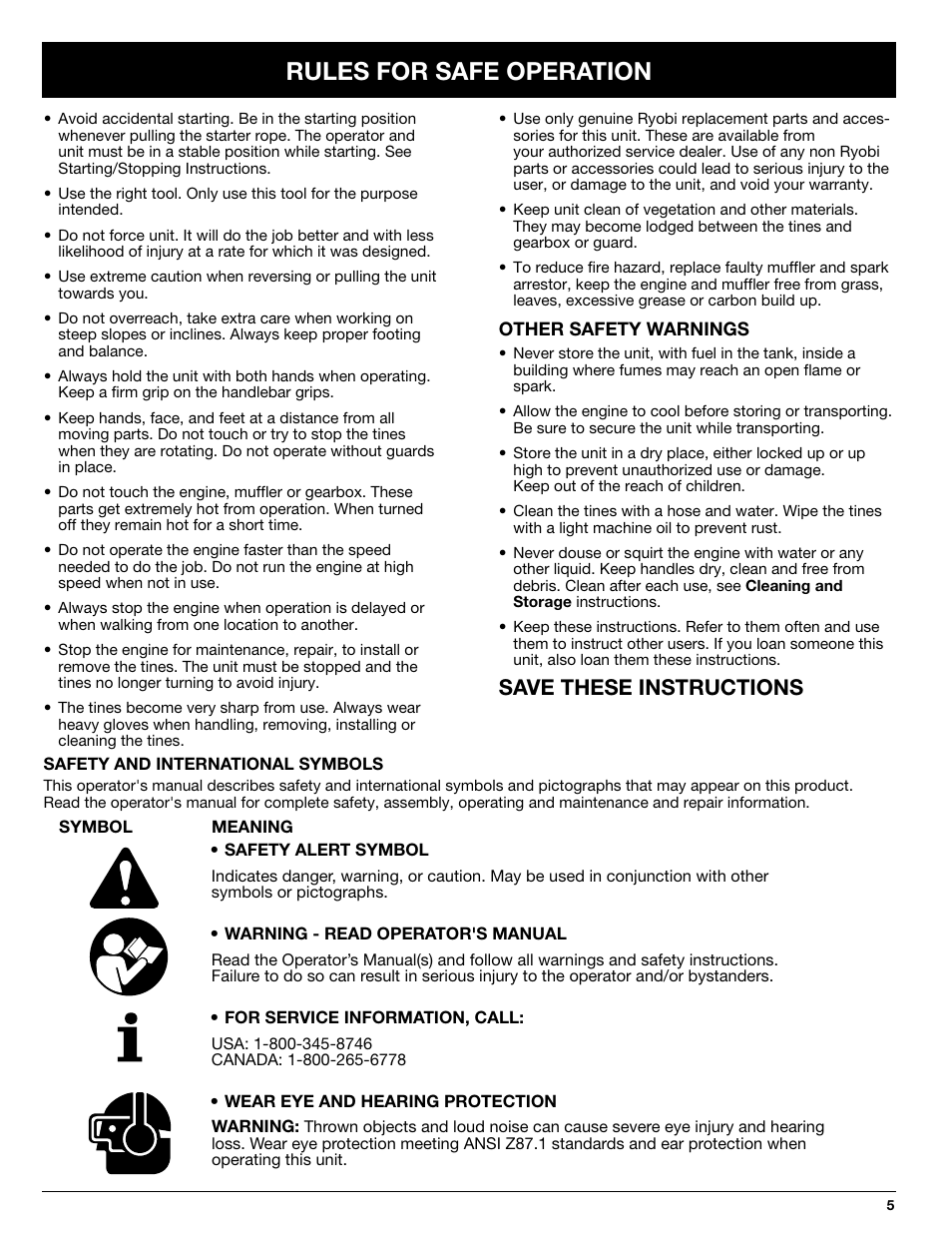 Rules for safe operation, Save these instructions | Ryobi 510r User Manual | Page 5 / 24
