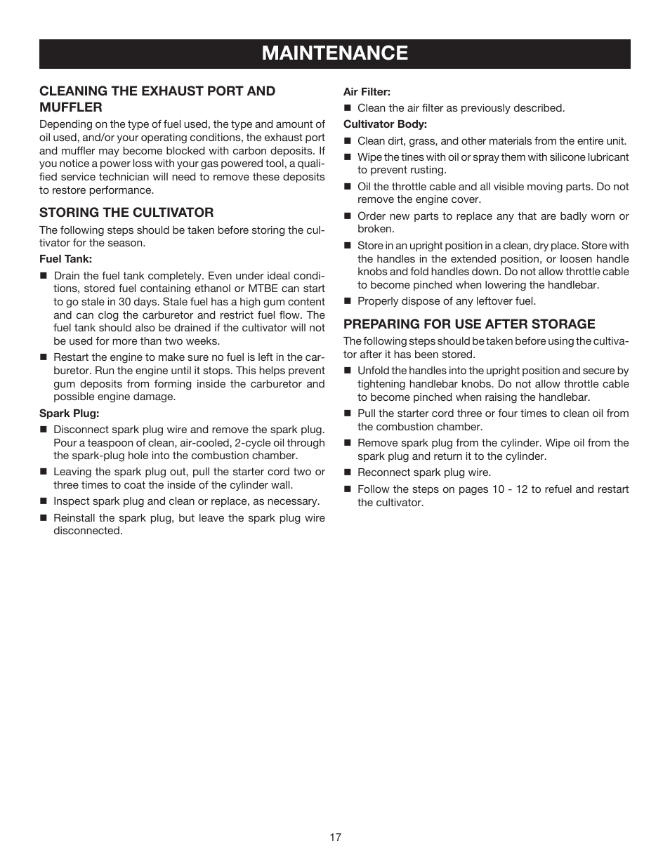 Maintenance | Ryobi RY60511B User Manual | Page 17 / 22
