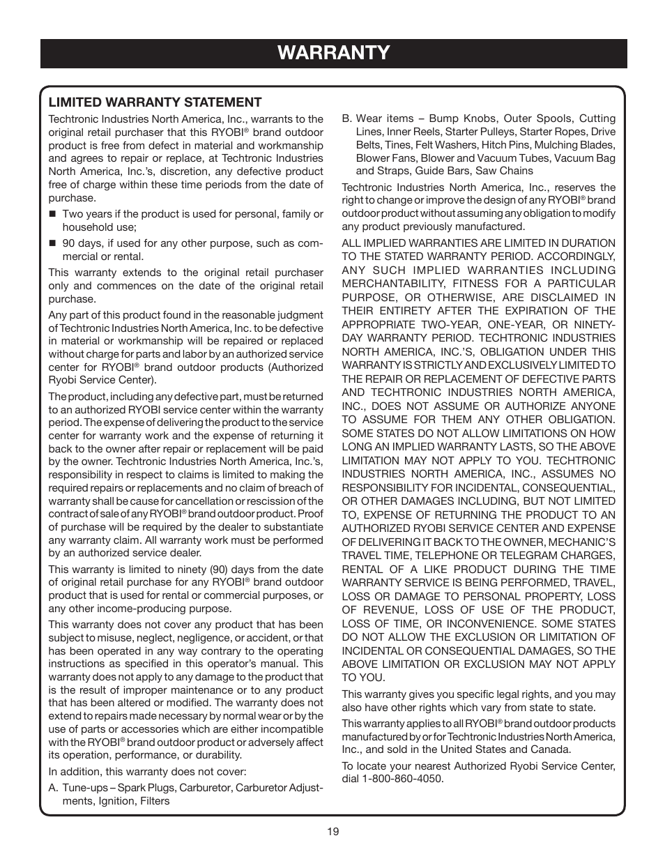 Warranty, Limited warranty statement | Ryobi RY60511B User Manual | Page 19 / 22