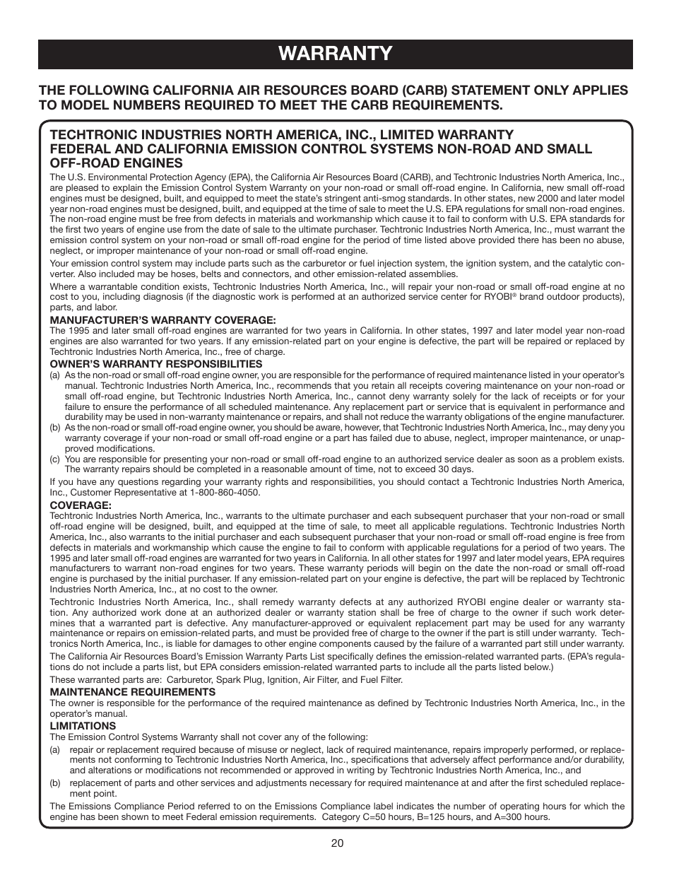 Warranty | Ryobi RY60511B User Manual | Page 20 / 22