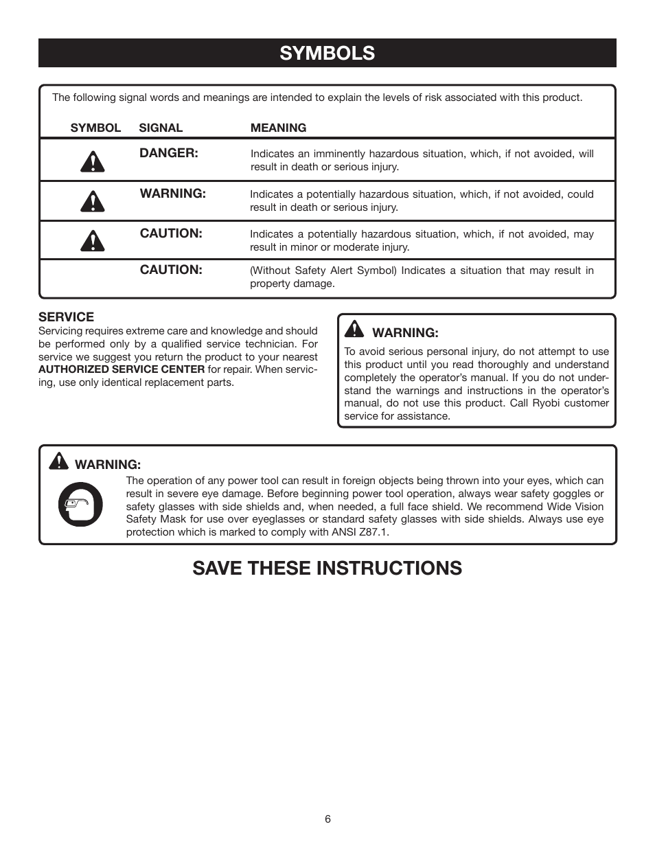 Symbols, Save these instructions | Ryobi RY60511B User Manual | Page 6 / 22