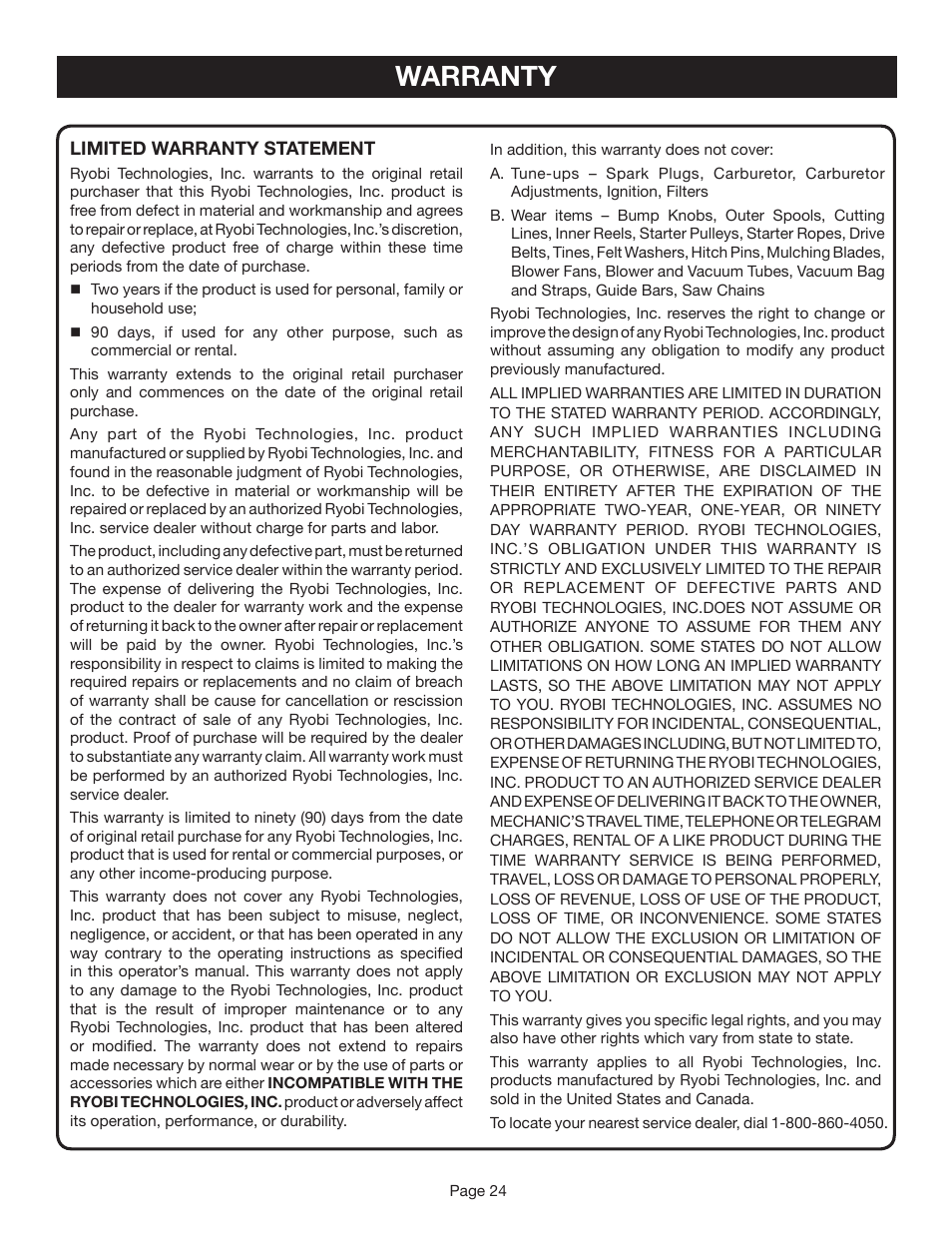 Warranty | Ryobi CS30 RY30020B User Manual | Page 24 / 26