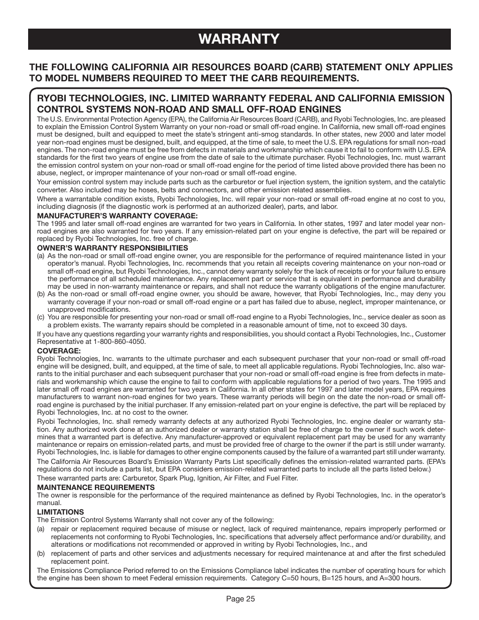 Warranty, The following california air resources board | Ryobi CS30 RY30020B User Manual | Page 25 / 26