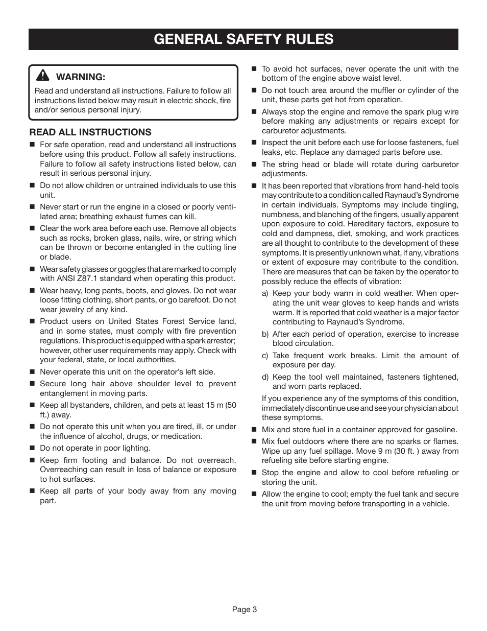 General safety rules | Ryobi CS30 RY30020B User Manual | Page 3 / 26