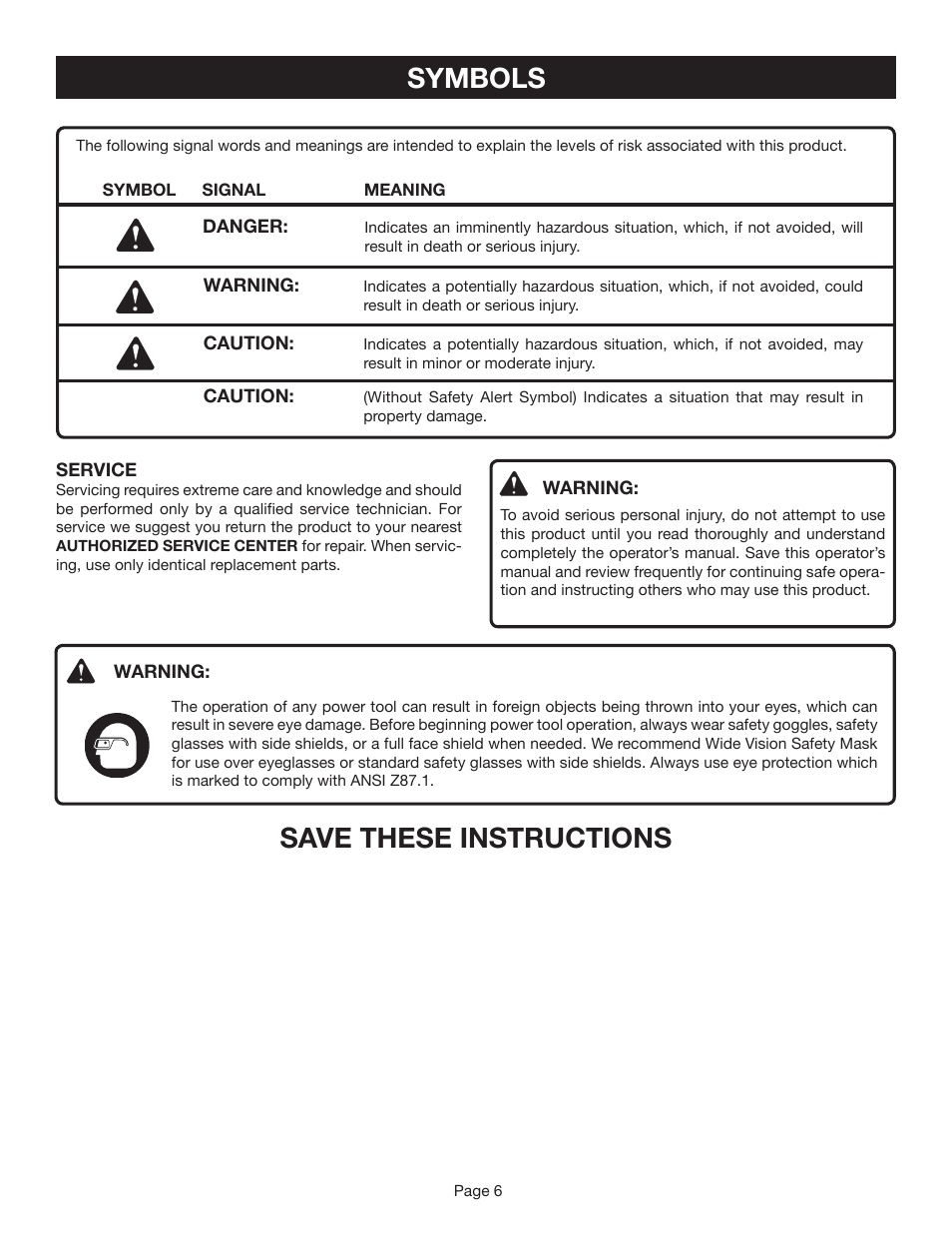 Symbols, Save these instructions | Ryobi CS30 RY30020B User Manual | Page 6 / 26