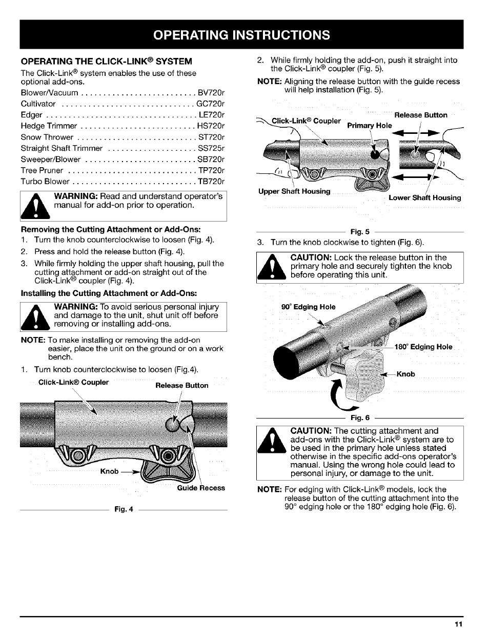 Operating the click-link® system, Removing the cutting attachment or add-ons, A. operating the click-link system | Operating instructions | Ryobi Trimmer User Manual | Page 11 / 24