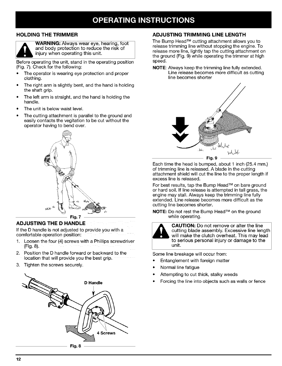 Holding the trimmer, Adjusting trimming line length, B. holding the trimmer | D. adjusting trimming line length, Operating instructions | Ryobi Trimmer User Manual | Page 12 / 24