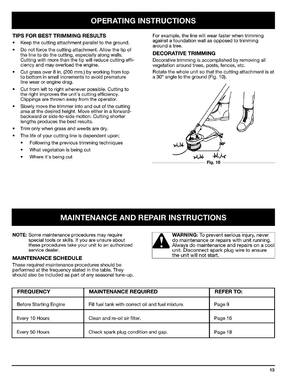 Tips for best trimming results, Decorative trimming, Maintenance and repair instructions | Maintenance schedule, Vi. maintenance and repair instructions -18, A. maintenance schedule, Operating instructions | Ryobi Trimmer User Manual | Page 13 / 24