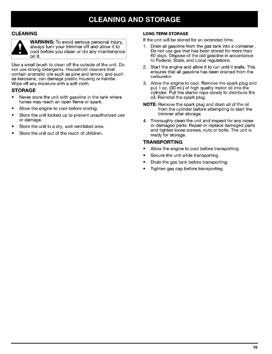 Cleaning and storage, Cleaning, Storage | Transporting, Vil. cleaning and storage | Ryobi Trimmer User Manual | Page 19 / 24