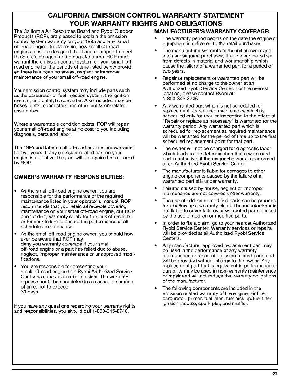 Manufacturer's warranty coverage | Ryobi Trimmer User Manual | Page 23 / 24