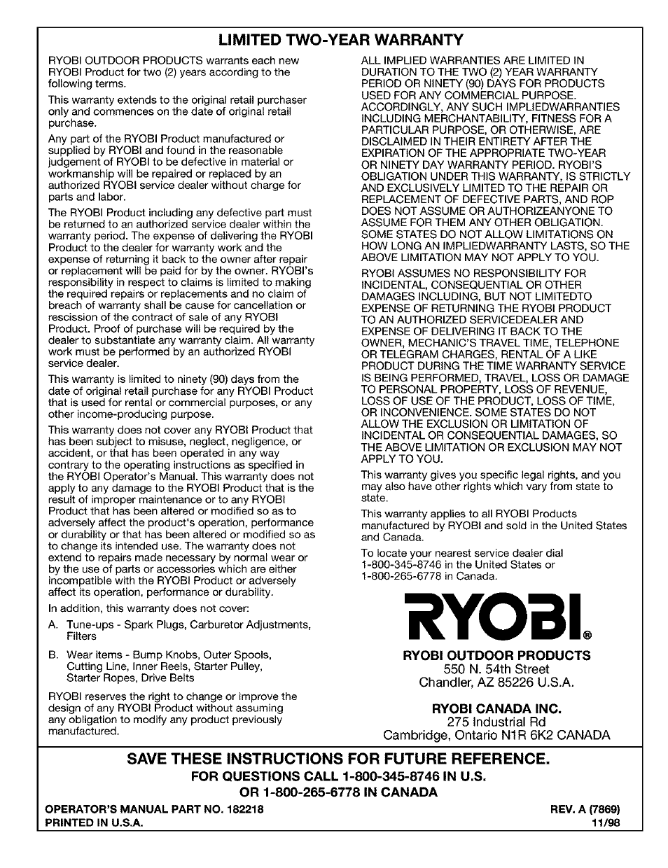 Limited two-year warranty, Ryobi outdoor products, Ryobi canada inc | Save these instructions for future reference, For questions call 1-800-345-8746 in u.s, Or 1-800-265-6778 in canada, Ryobi | Ryobi Trimmer User Manual | Page 24 / 24