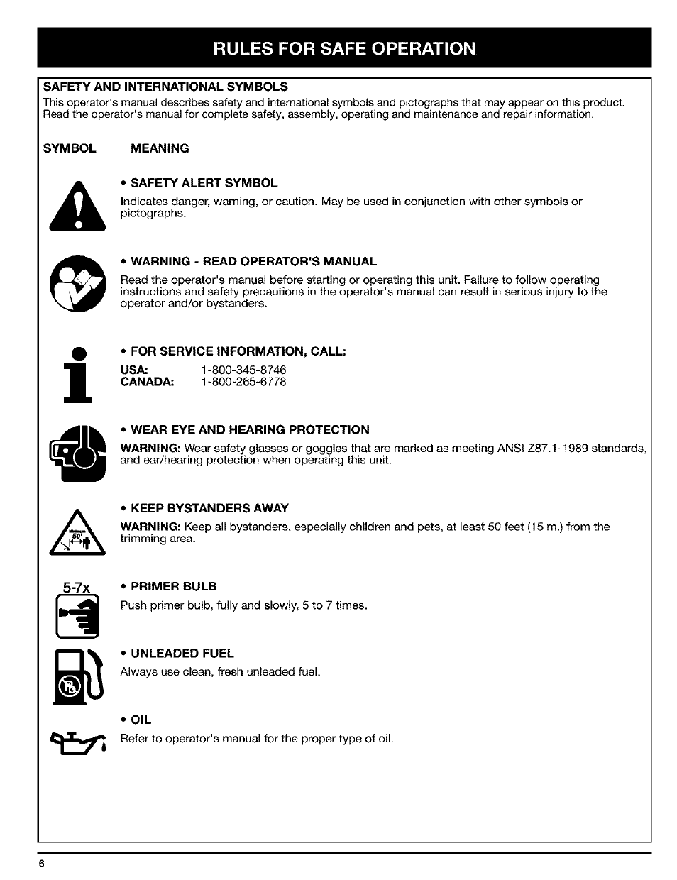 Safety and international symbols, Symbol, Meaning | Safety alert symbol, Warning - read operator's manual, For service information, call, Wear eye and hearing protection, Keep bystanders away, 7x • primer bulb, Unleaded fuel | Ryobi Trimmer User Manual | Page 6 / 24