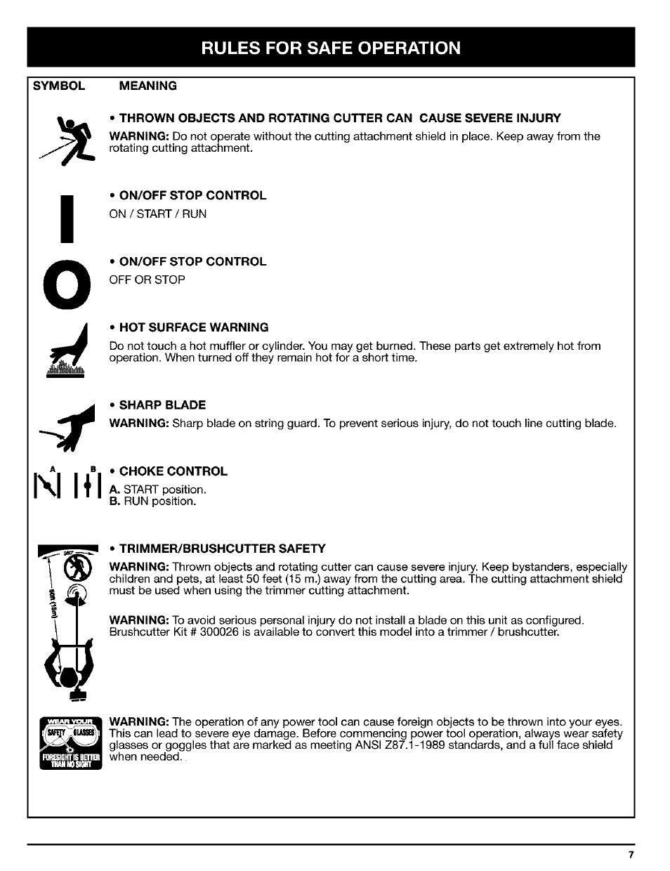 Symbol meaning, On/off stop control, Hot surface warning | Sharp blade, B, • choke control, Trimmer/brushcutter safety | Ryobi Trimmer User Manual | Page 7 / 24