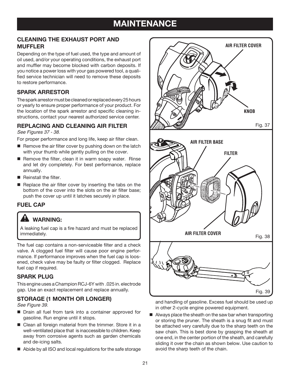 Maintenance | Ryobi RY52002 User Manual | Page 21 / 26