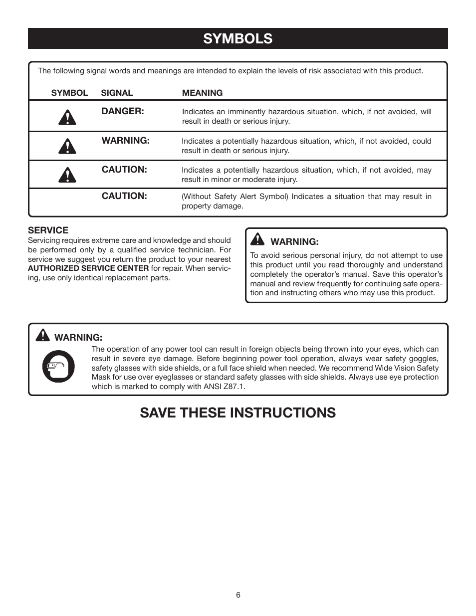 Symbols, Save these instructions | Ryobi RY52002 User Manual | Page 6 / 26