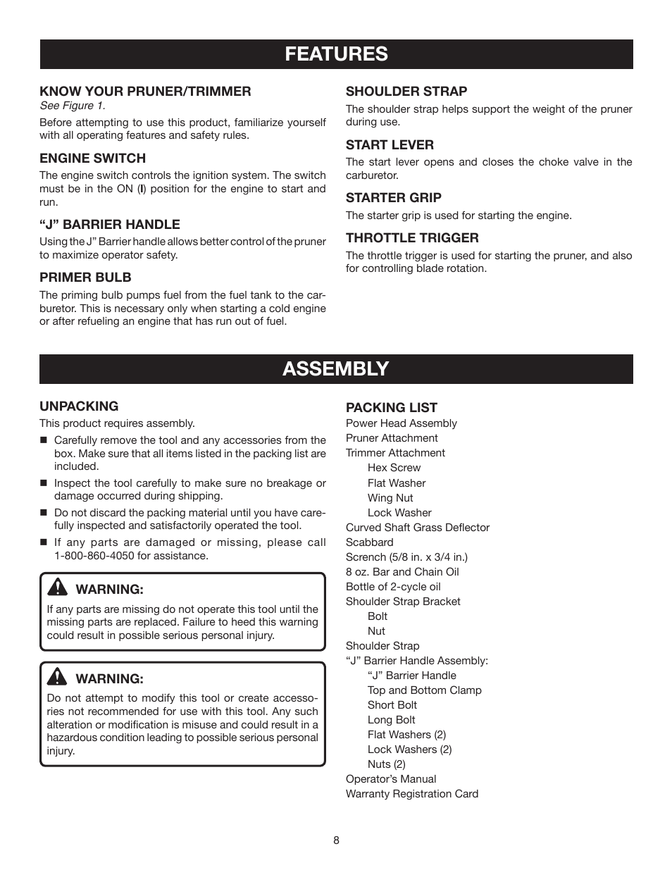 Features, Assembly | Ryobi RY52002 User Manual | Page 8 / 26
