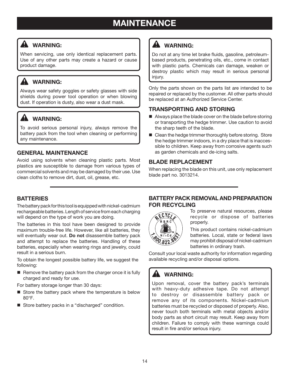 Maintenance | Ryobi P2600 User Manual | Page 14 / 18