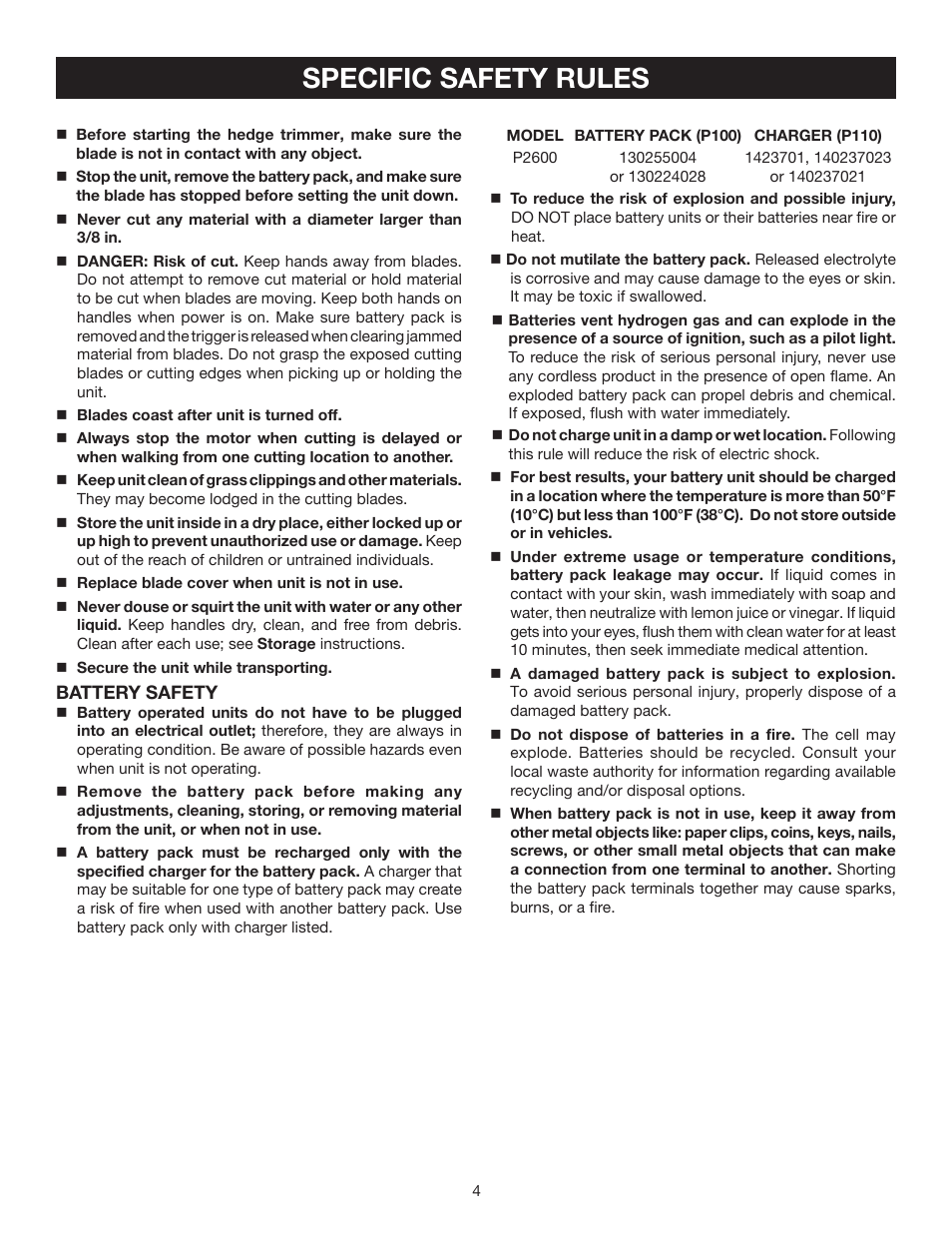 Specific safety rules | Ryobi P2600 User Manual | Page 4 / 18