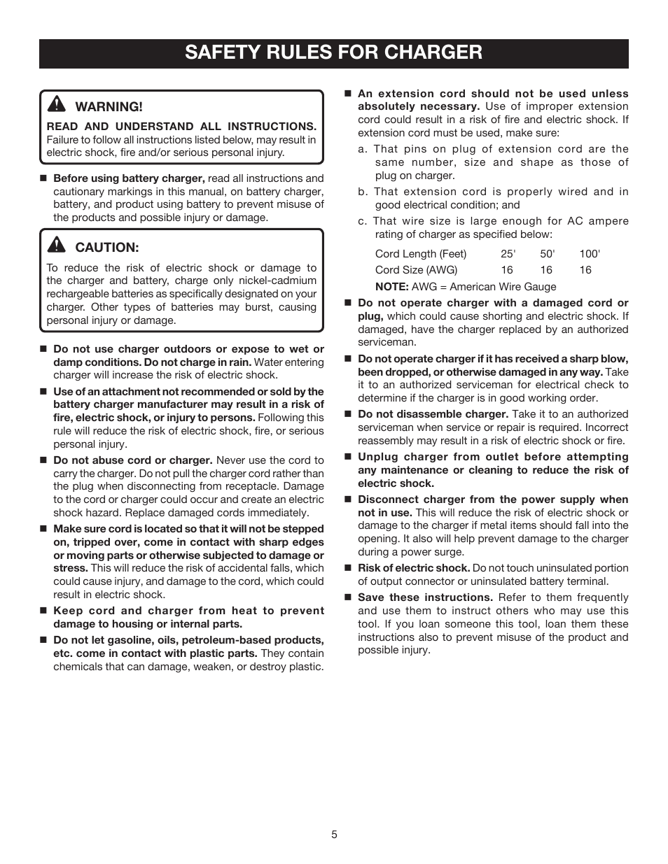 Safety rules for charger | Ryobi P2600 User Manual | Page 5 / 18