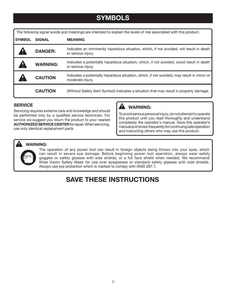 Save these instructions symbols | Ryobi P2600 User Manual | Page 7 / 18