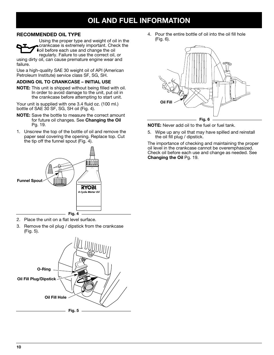 Oil and fuel information | Ryobi 875r User Manual | Page 10 / 30