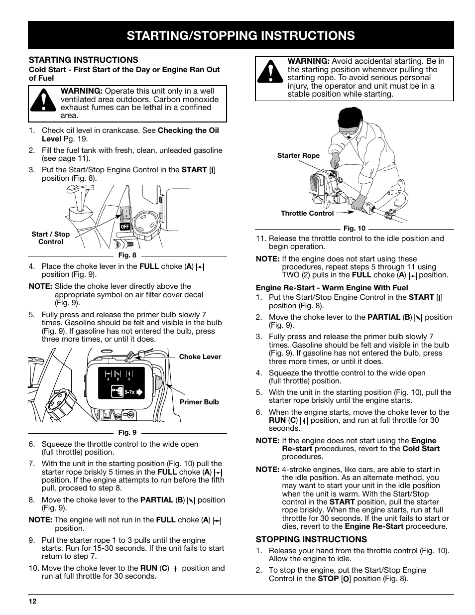 Starting/stopping instructions | Ryobi 875r User Manual | Page 12 / 30