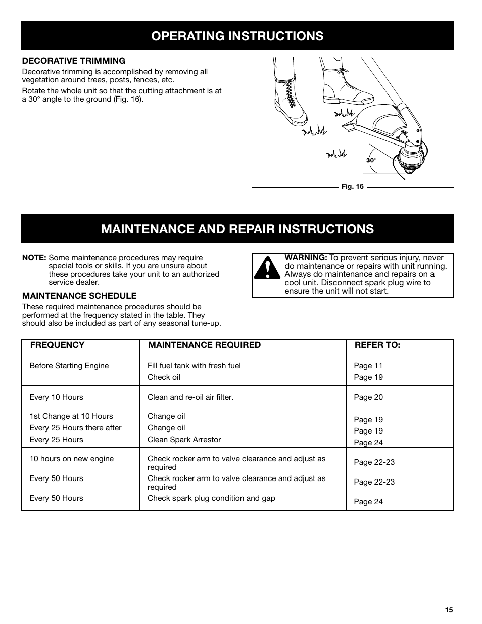 Operating instructions, Maintenance and repair instructions | Ryobi 875r User Manual | Page 15 / 30