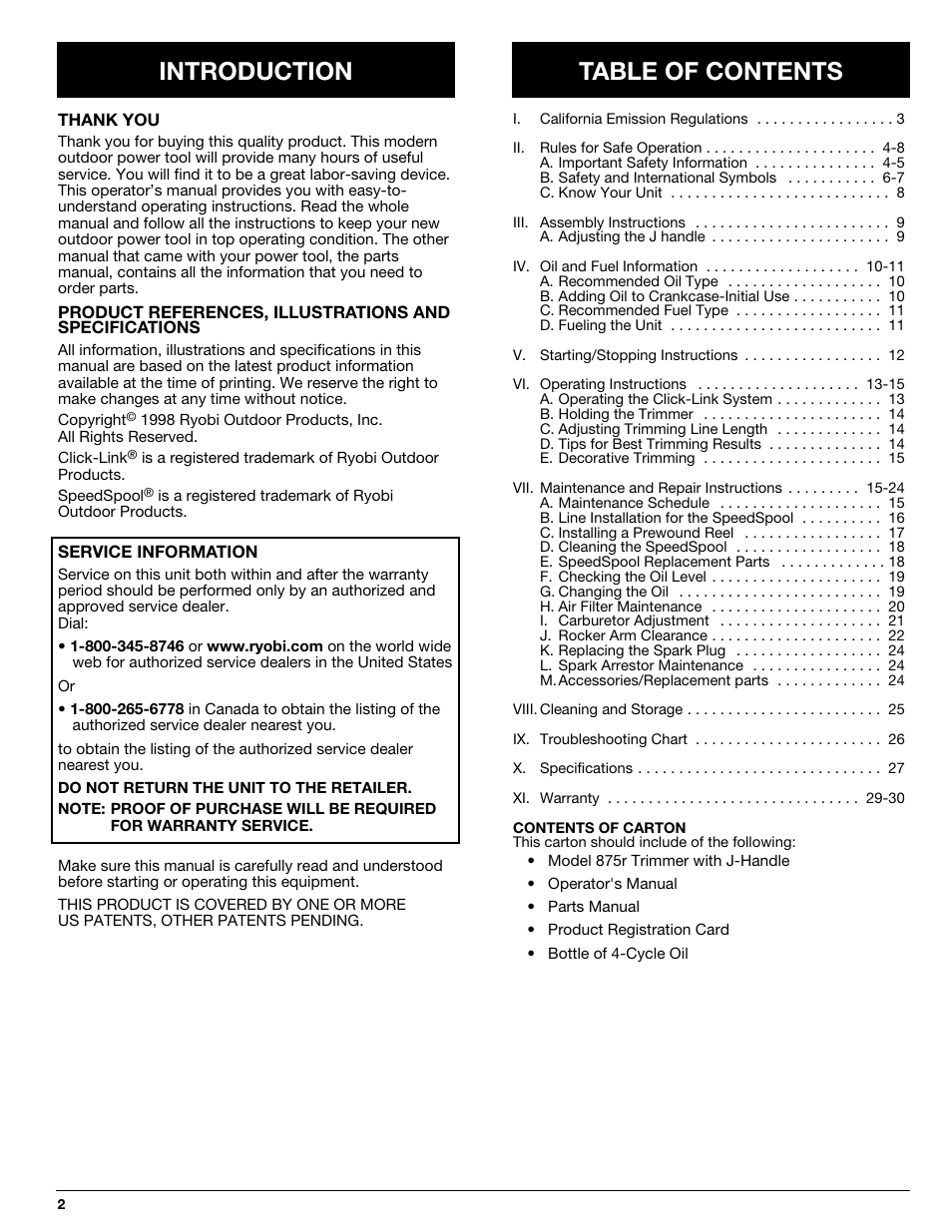 Introduction table of contents | Ryobi 875r User Manual | Page 2 / 30