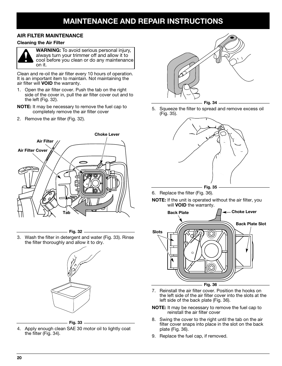 Maintenance and repair instructions | Ryobi 875r User Manual | Page 20 / 30