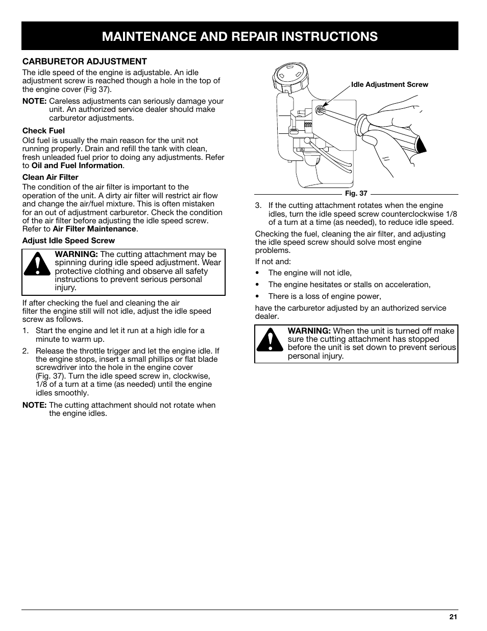 Maintenance and repair instructions | Ryobi 875r User Manual | Page 21 / 30