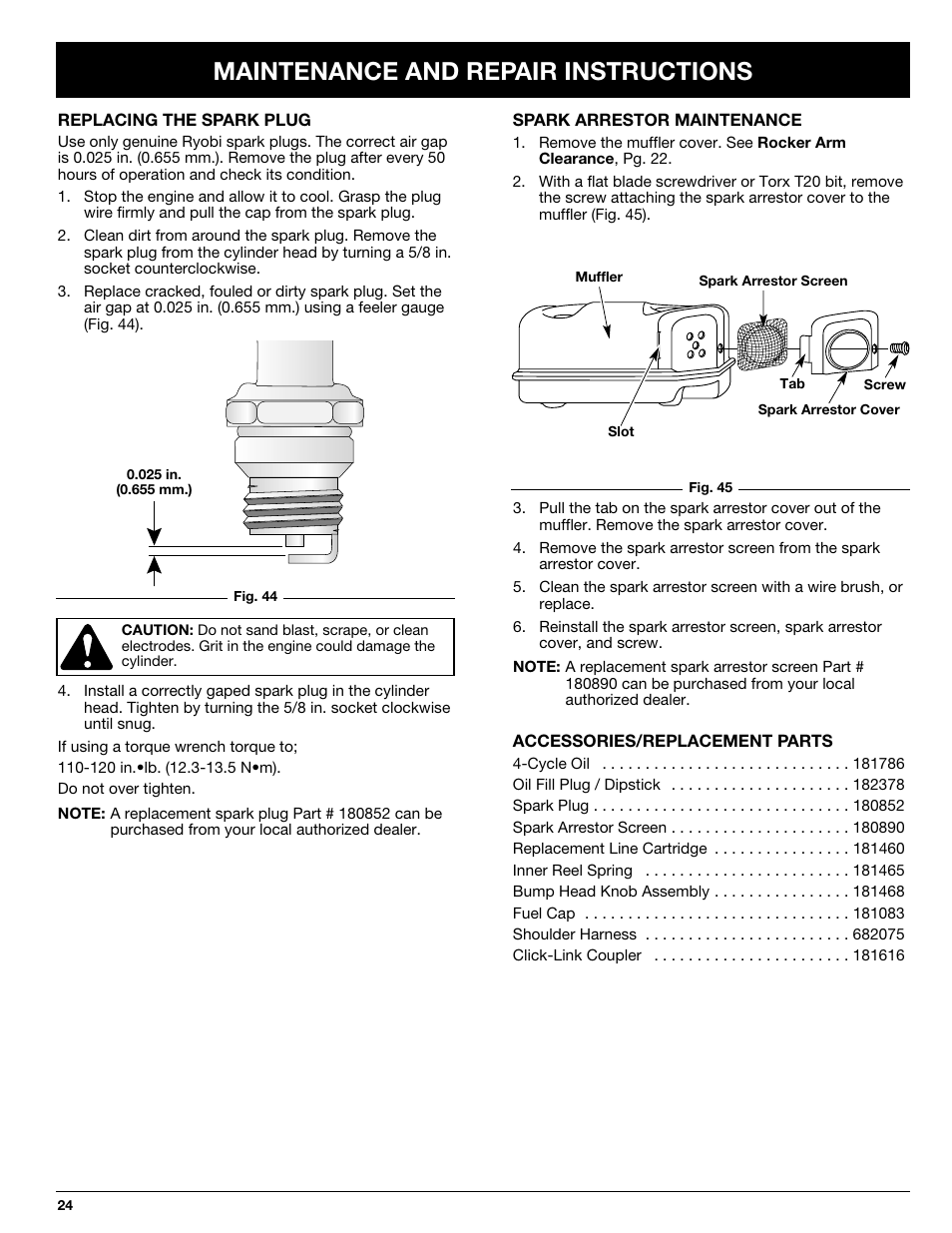 Maintenance and repair instructions | Ryobi 875r User Manual | Page 24 / 30