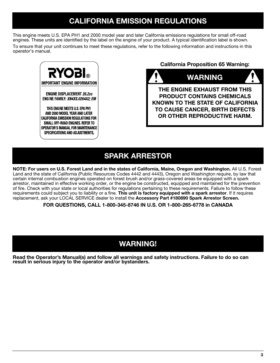 California emission regulations warning, Spark arrestor warning | Ryobi 875r User Manual | Page 3 / 30