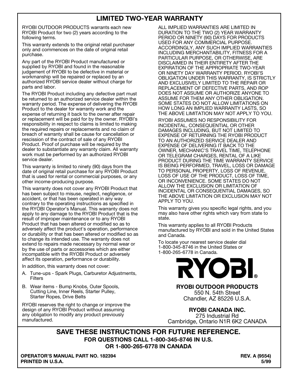 Save these instructions for future reference, Limited two-year warranty | Ryobi 875r User Manual | Page 30 / 30