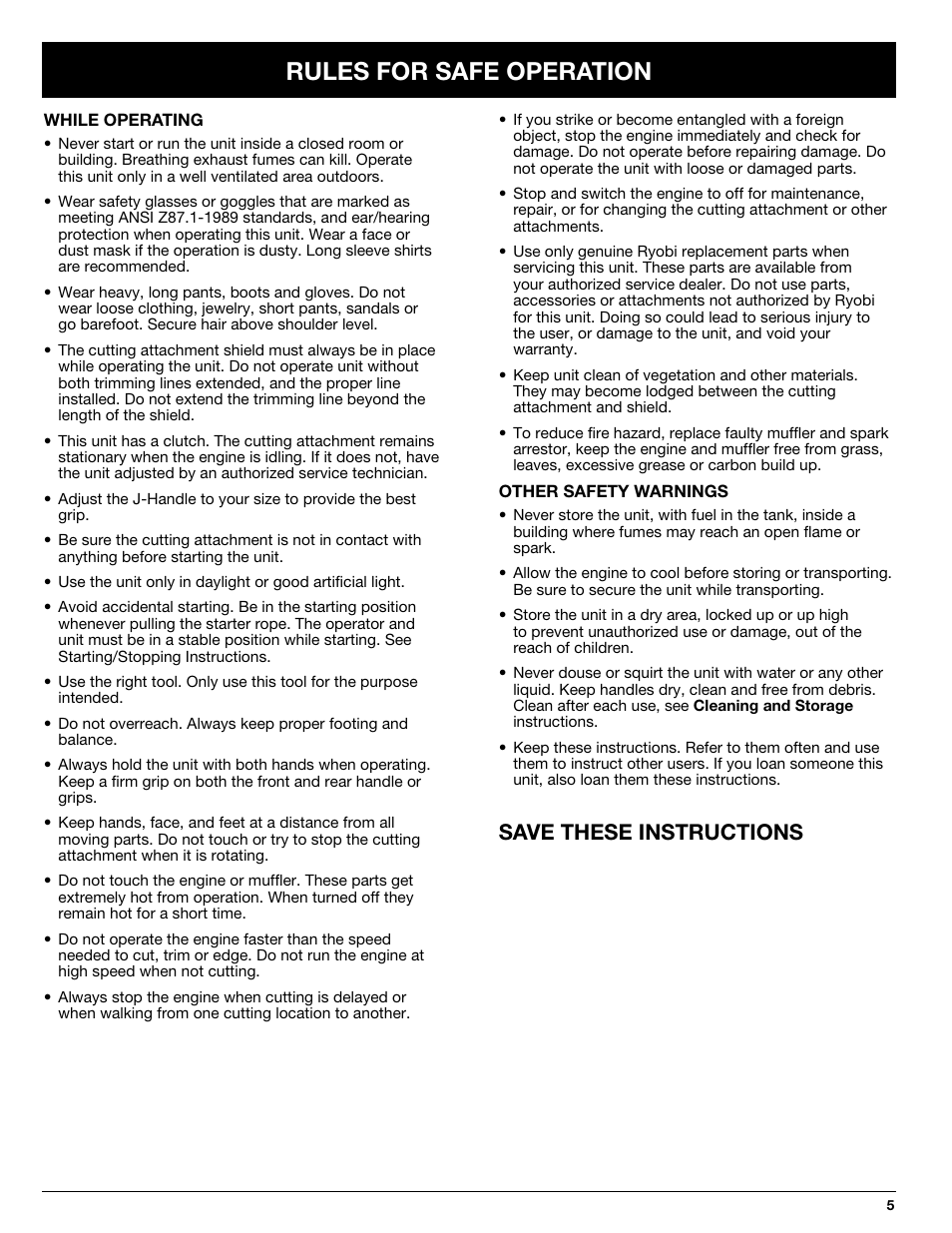 Rules for safe operation, Save these instructions | Ryobi 875r User Manual | Page 5 / 30