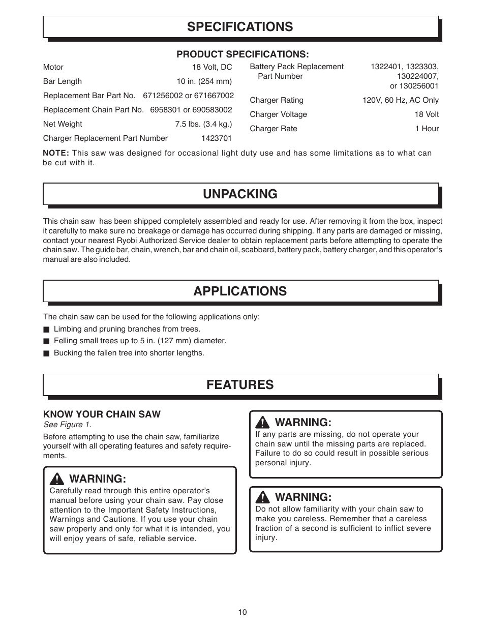 Specifications unpacking applications features, Warning | Ryobi 18 VOLT CORDLESS CS1800 User Manual | Page 10 / 34