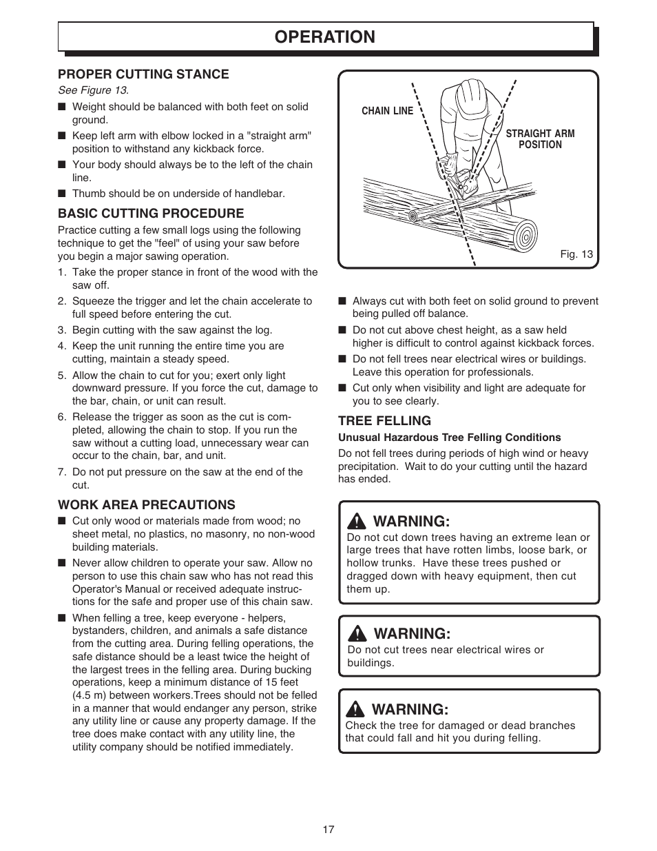 Operation, Warning | Ryobi 18 VOLT CORDLESS CS1800 User Manual | Page 17 / 34