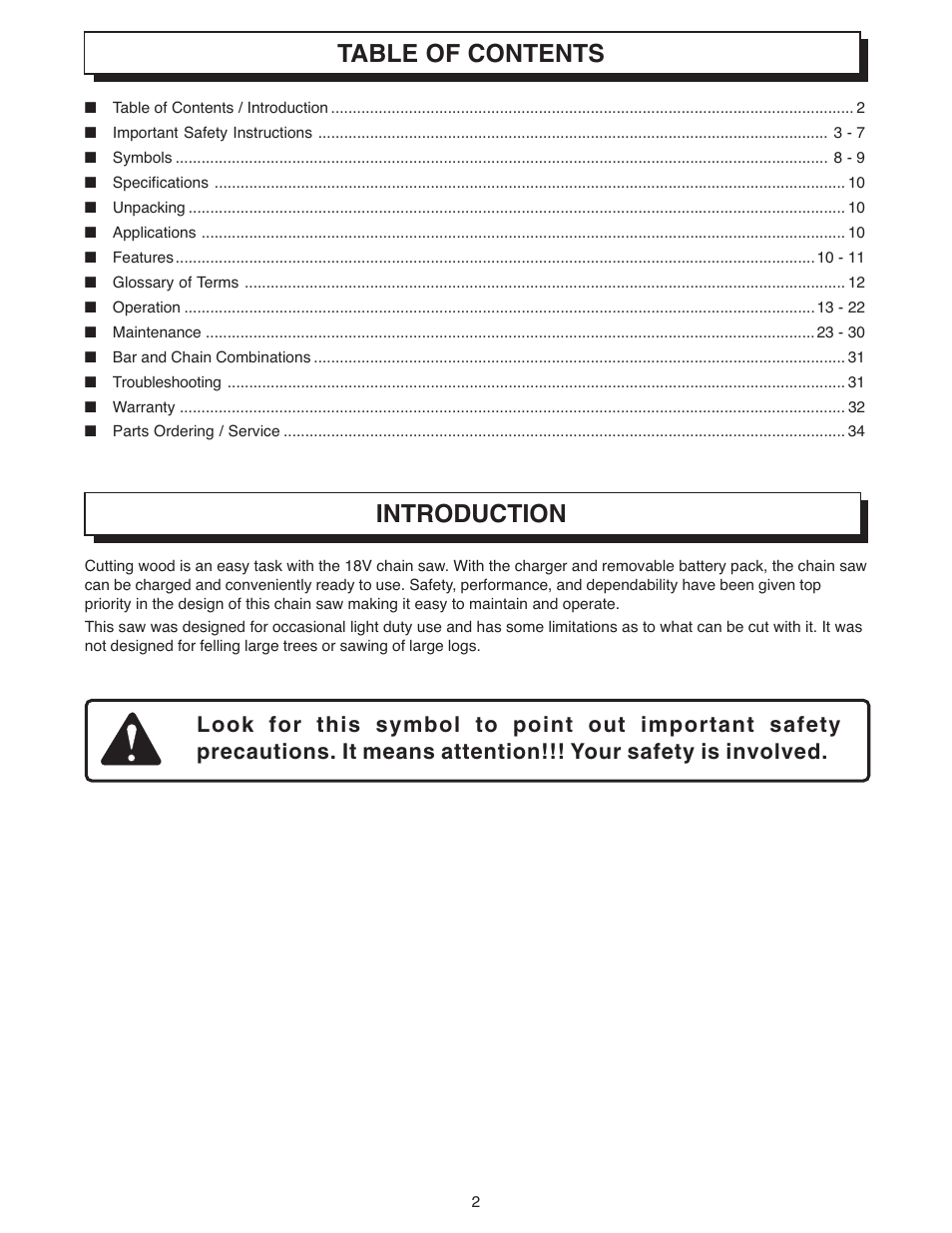 Introduction table of contents | Ryobi 18 VOLT CORDLESS CS1800 User Manual | Page 2 / 34