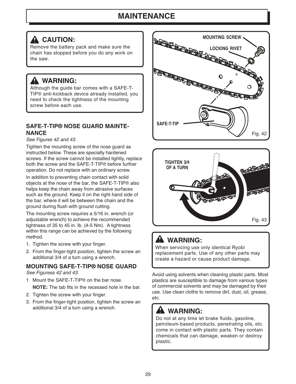 Maintenance, Warning, Caution | Ryobi 18 VOLT CORDLESS CS1800 User Manual | Page 29 / 34
