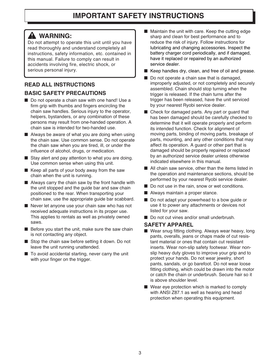 Important safety instructions, Warning | Ryobi 18 VOLT CORDLESS CS1800 User Manual | Page 3 / 34
