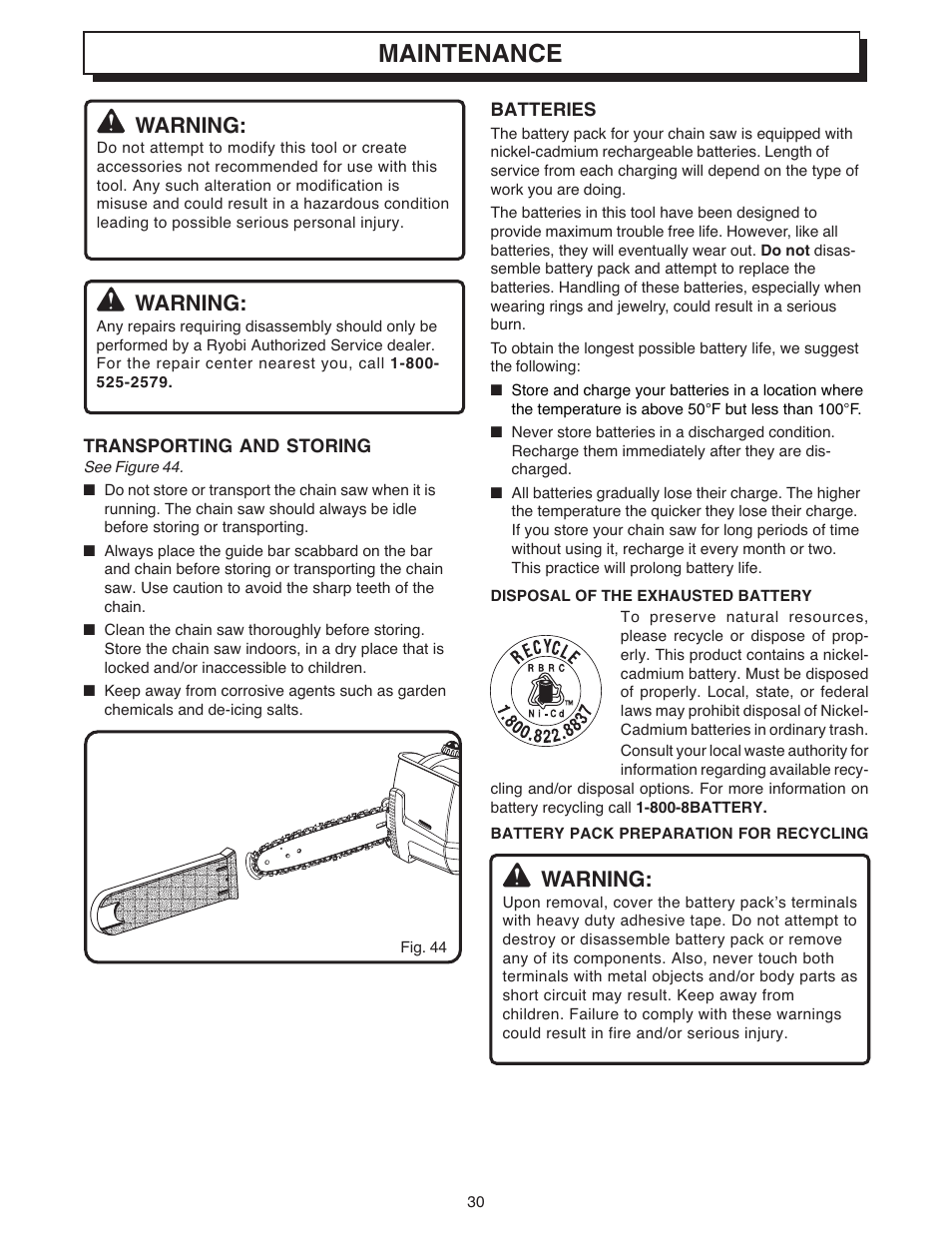 Maintenance, Warning | Ryobi 18 VOLT CORDLESS CS1800 User Manual | Page 30 / 34