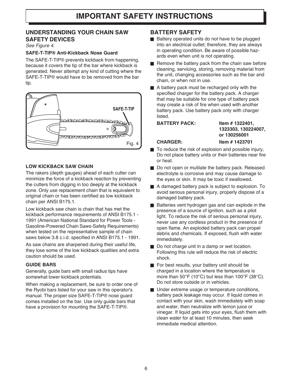 Important safety instructions | Ryobi 18 VOLT CORDLESS CS1800 User Manual | Page 6 / 34