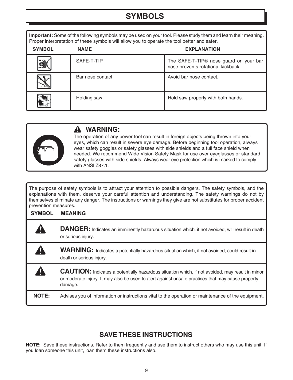 Symbols, Save these instructions, Warning | Danger, Caution | Ryobi 18 VOLT CORDLESS CS1800 User Manual | Page 9 / 34