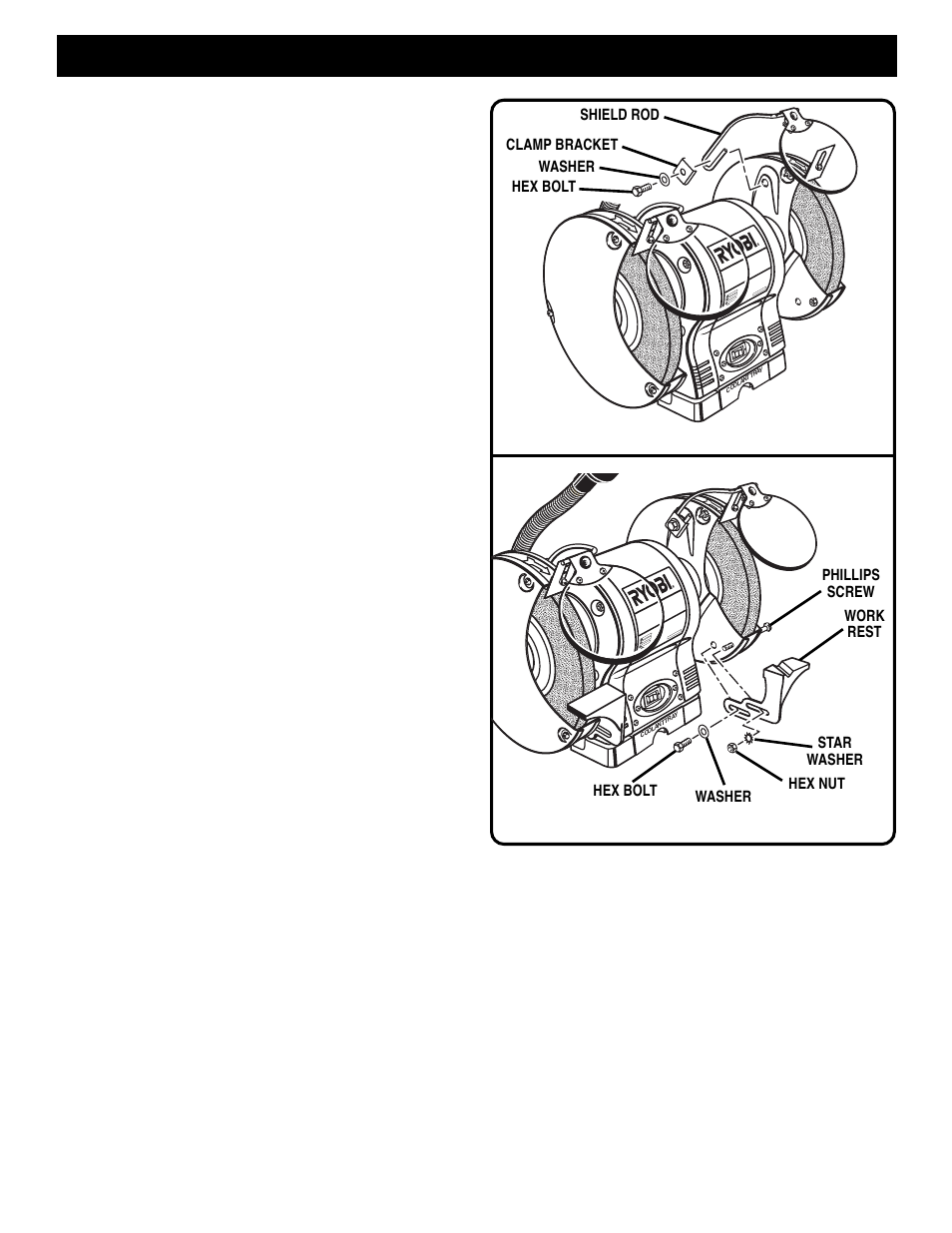 Assembly, Mounting safety shields, Work rest | Ryobi BENCH GRINDER  BGH826 User Manual | Page 10 / 14