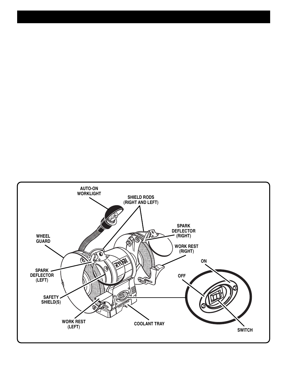 Features, Know your bench grinder, On/off switch | Motor, Grinding wheel, Safety shield and spark deflector, Work rest, Wheel dressing tool, Auto-on worklight, Coolant tray | Ryobi BENCH GRINDER  BGH826 User Manual | Page 8 / 14