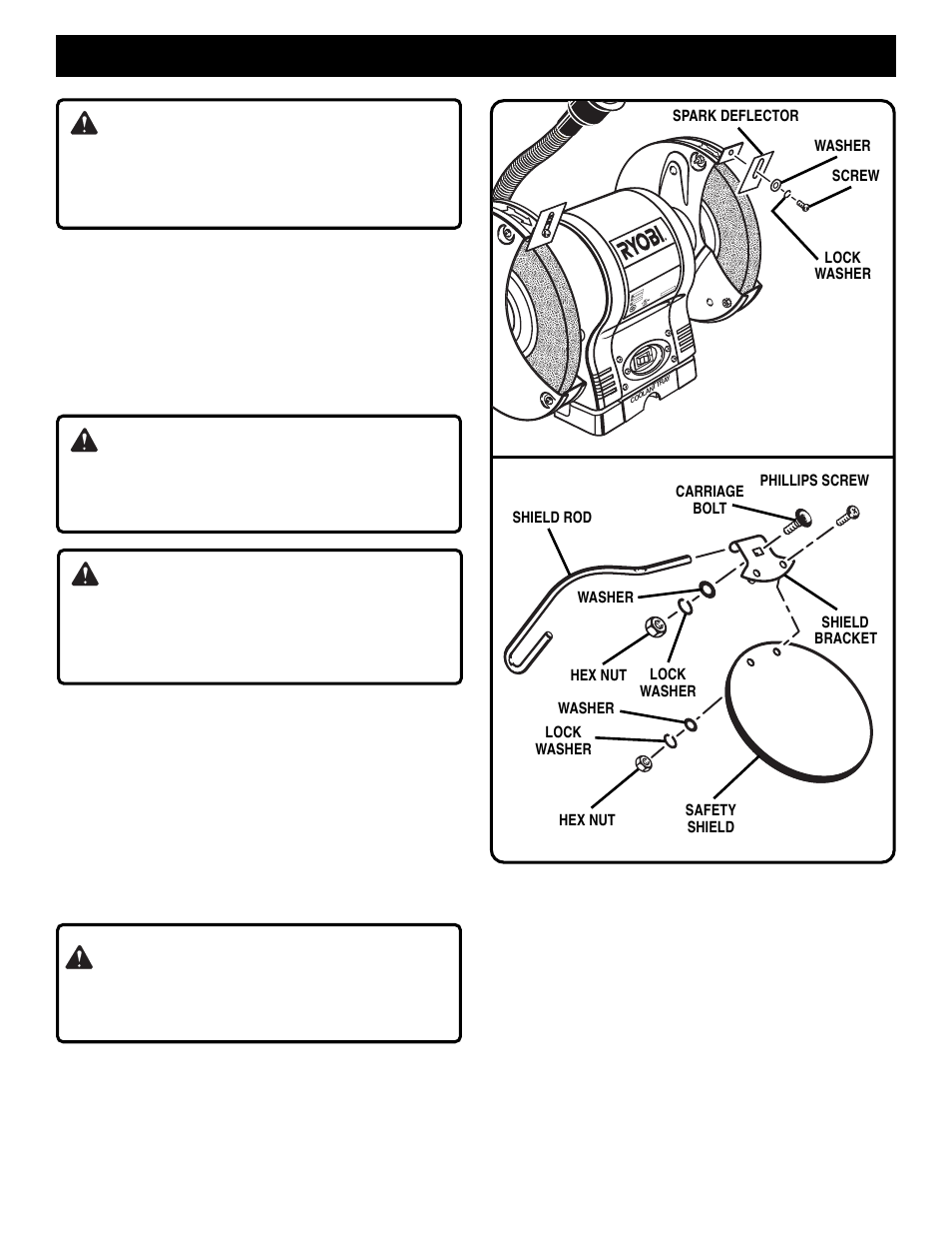 Assembly, Warning, Spark deflector | Shield bracket assembly | Ryobi BENCH GRINDER  BGH826 User Manual | Page 9 / 14